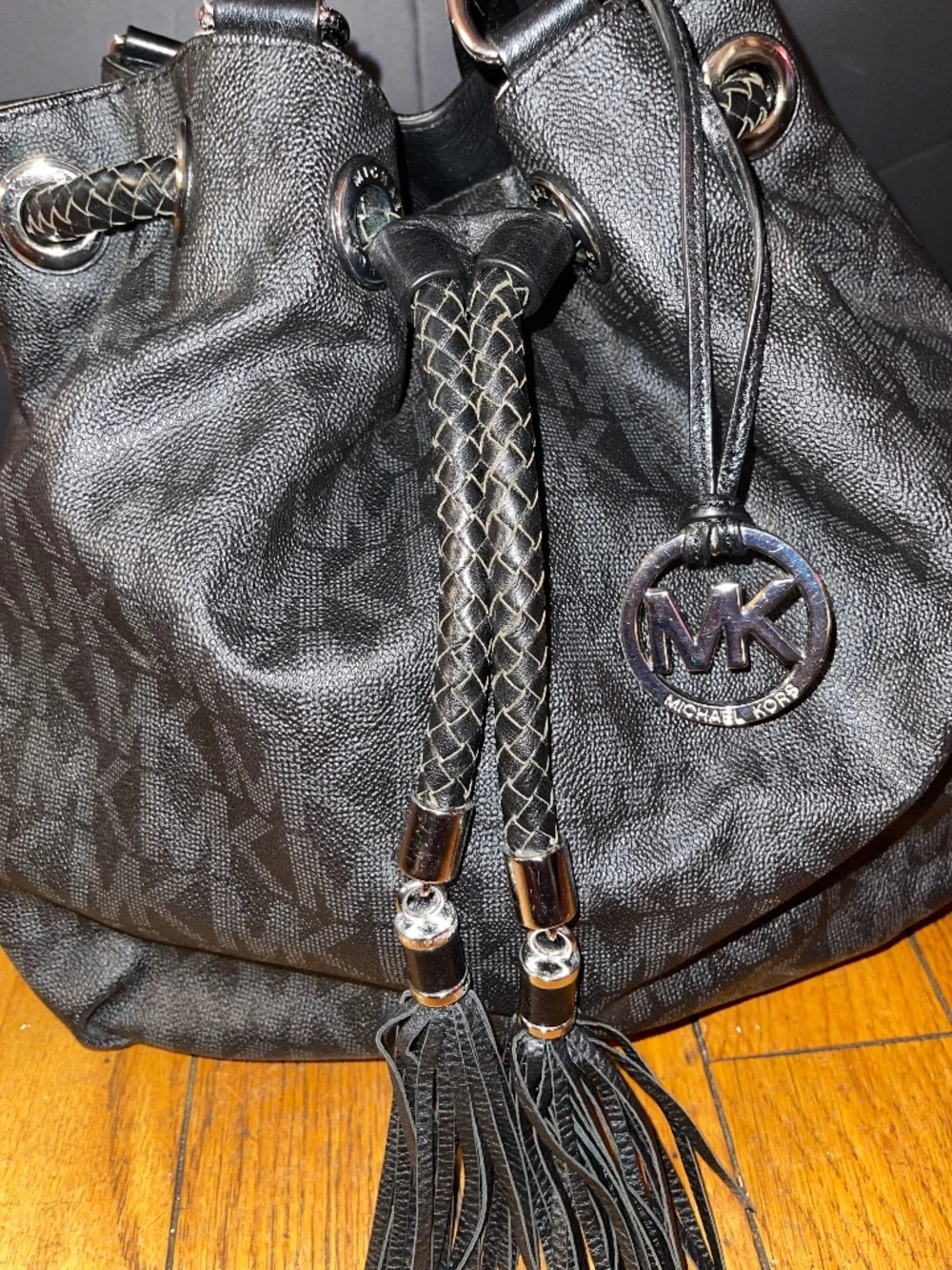 Michael Kors Black Drawstring Tassel Cinch Shoulder Bag.